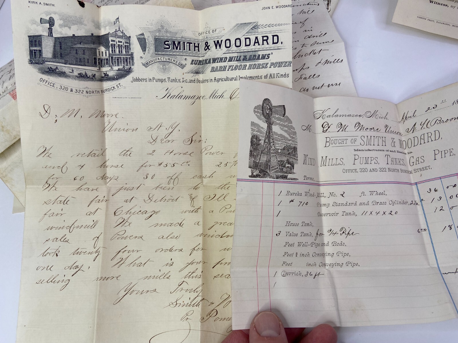 RARE ARCHIVE Letters Drawing Ephemera Smith Woodard WIND MILL Kalamazoo MI 1883