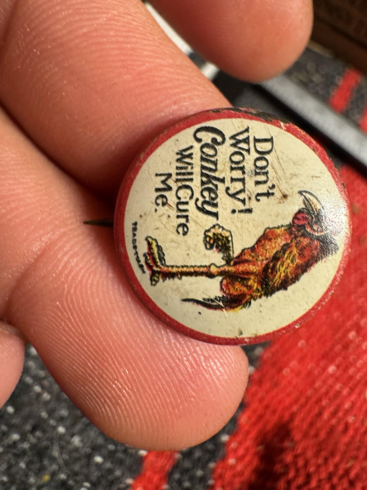 Antique c1908 Conkey Poultry Cure Pin Don’t Worry Chicken Button