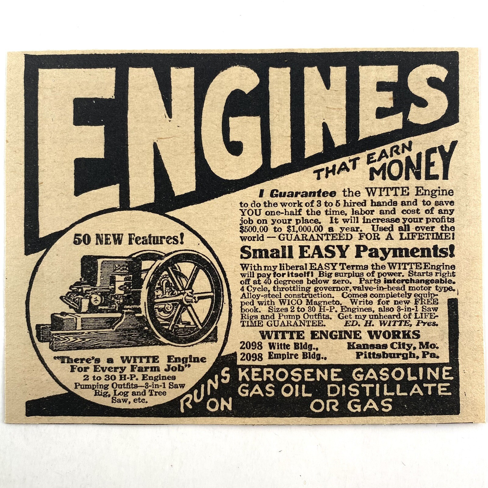1927 Witte Engine Works Vintage Magazine Print Ad Old 20’s Farming Equipment