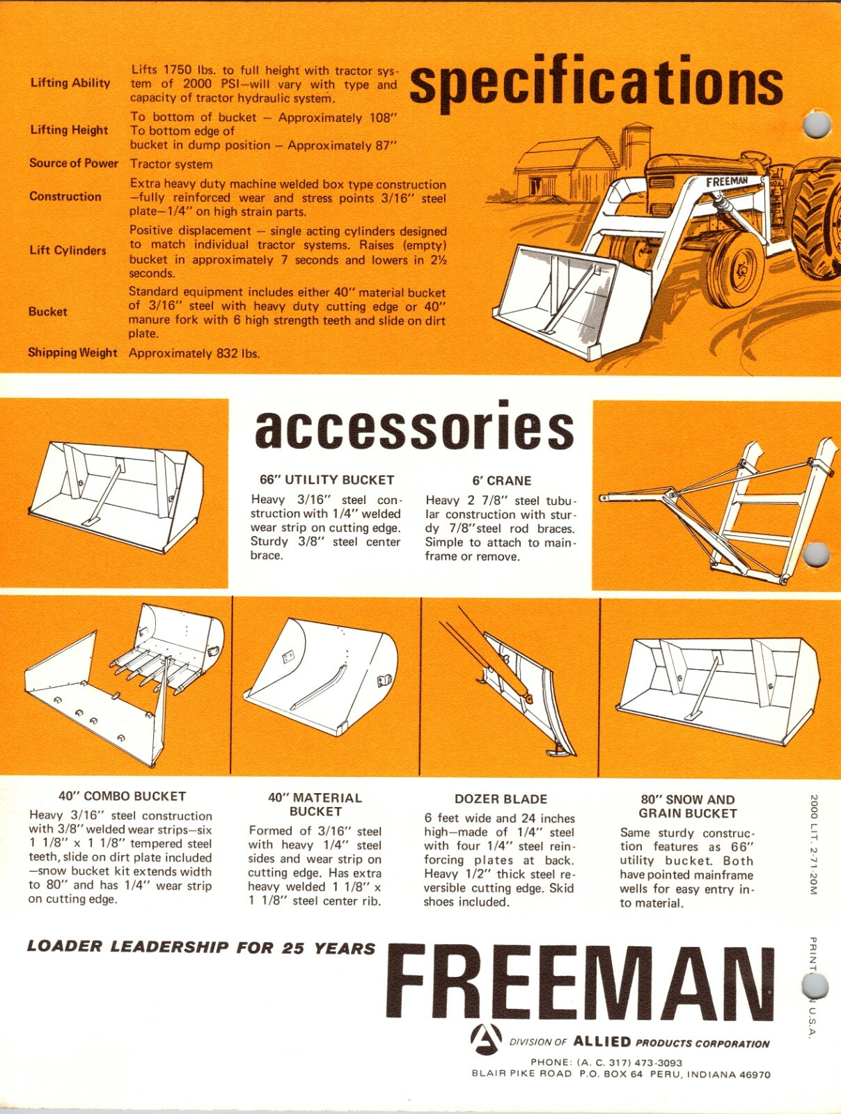 One(1) Freeman Series 2000 Loader Tractor Dealer Sales Specs Flyer Brochure