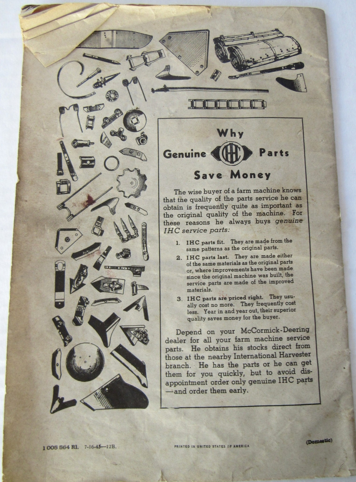 c1945 MCCORMICK-DEERING TRACTOR SIDE DELIVERY RAKE INSTRUCTION MANUAL ORIGINAL