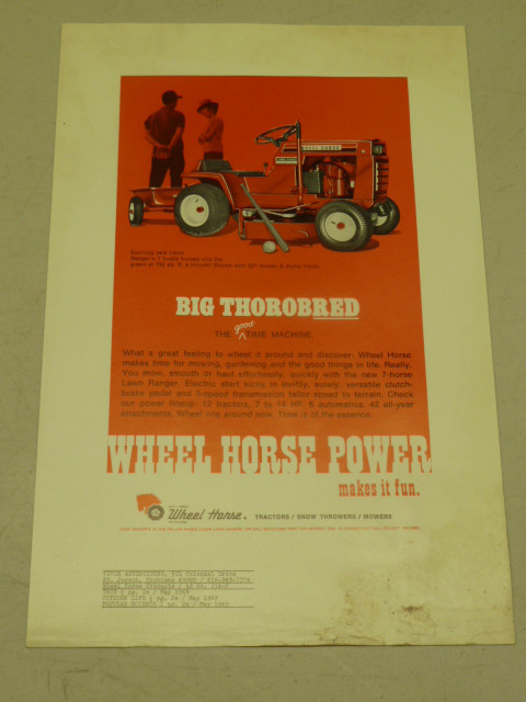MAY 1969 WHEEL HORSE TRACTORS DEALERS SALES AD MAT, « BIG THOROBRED »