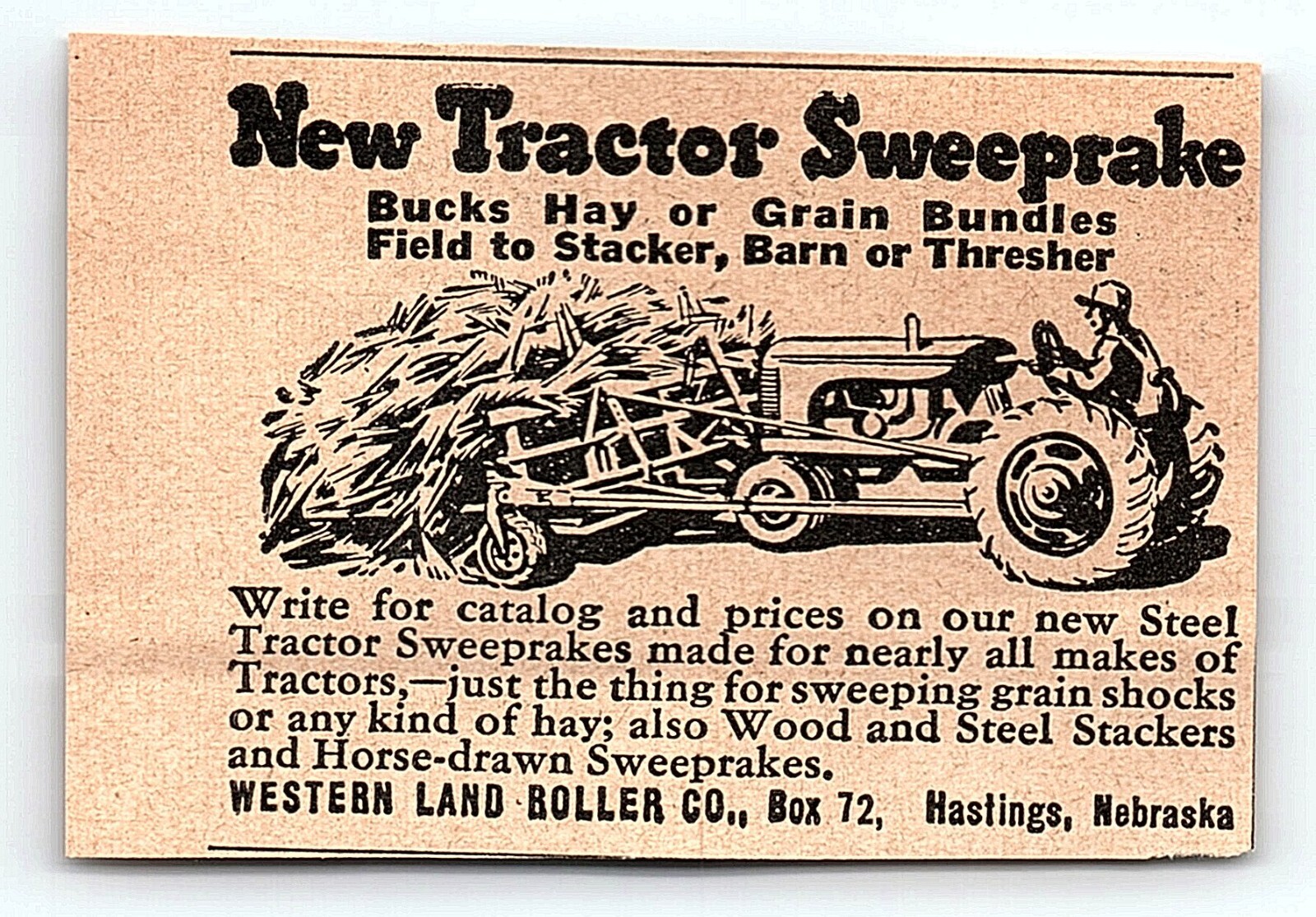 1930s WESTERN LAND ROLLER CO NEW TRACTOR SWEEPRAKE PRINT ADVERTISEMENT Z7231