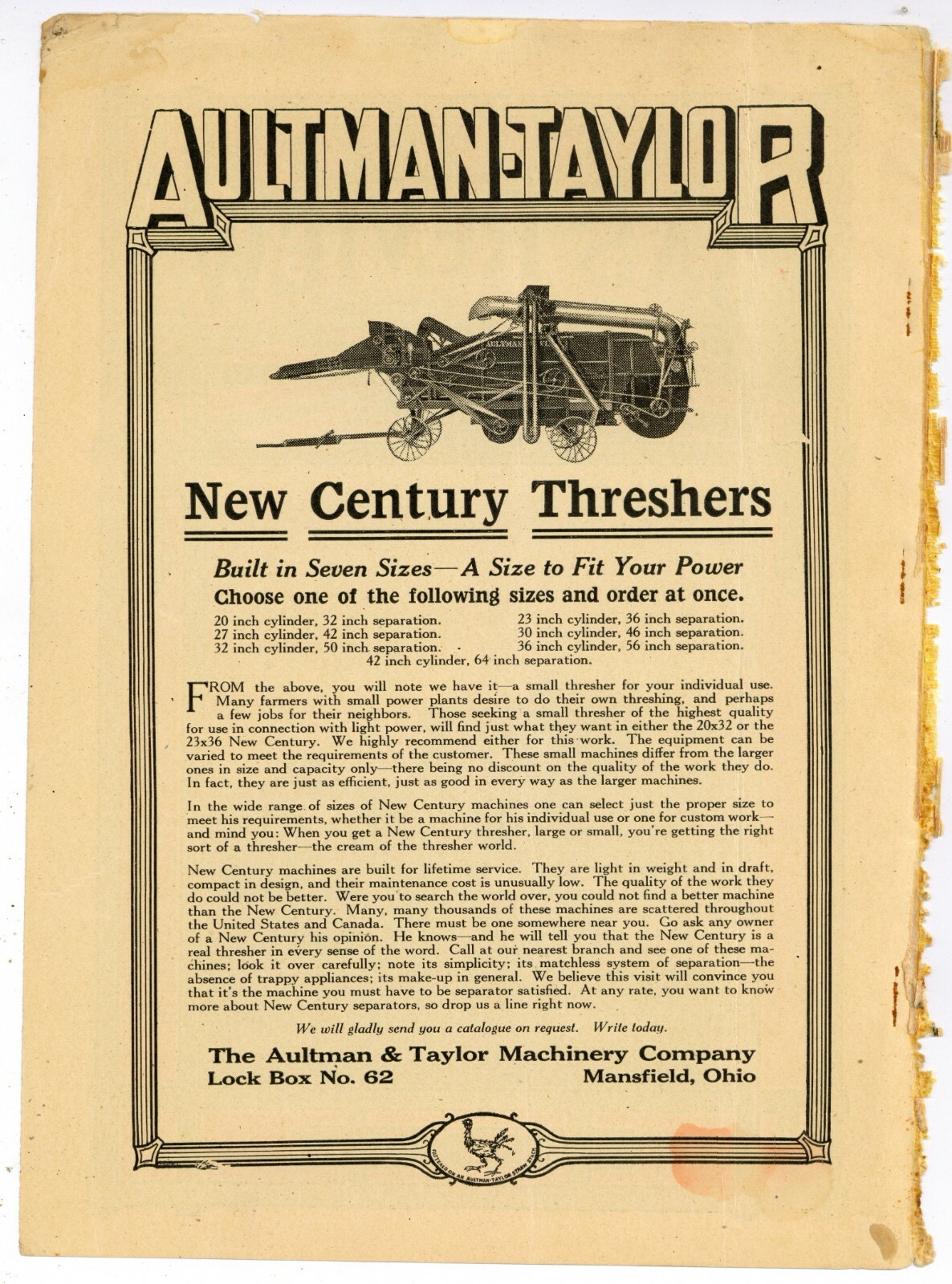 1917 Aultman Taylor Ad: New Century Threshers, All Sizes – Mansfield, Ohio