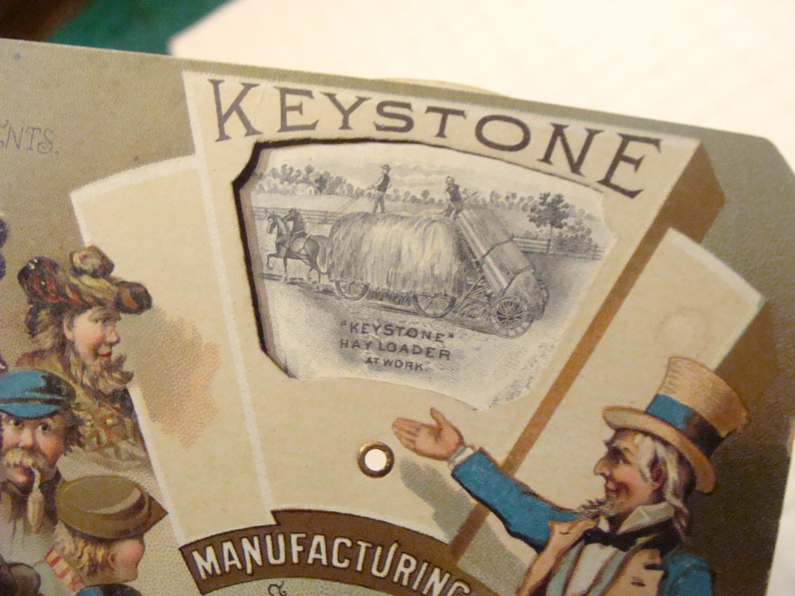 vintage Mechanical TradeCard: KEYSTONE w Farming items; UNCLE SAM showing world