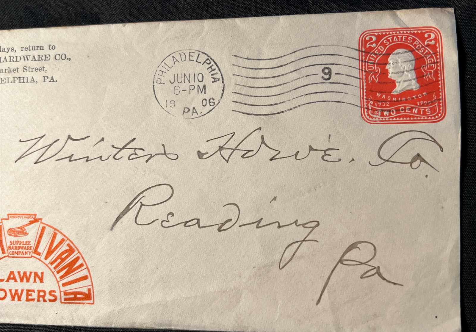 Antique 1906 PENNSYLVANIA Lawn Mowers SUPPLEE Hardware Letter Envelope