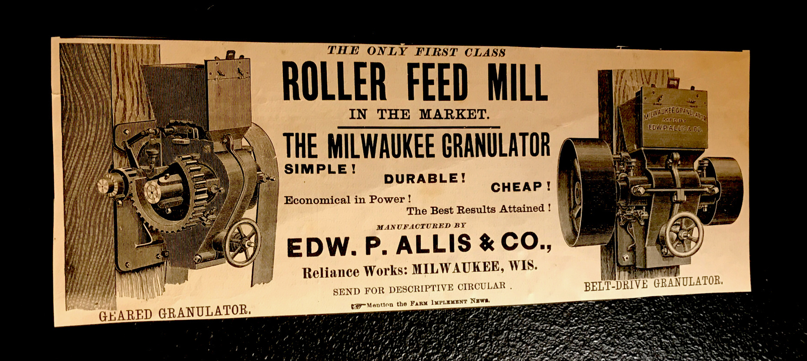 1886 Allis Farm Co. Feed Mill Engraving Advertising – Milwaukee – Wisconsin
