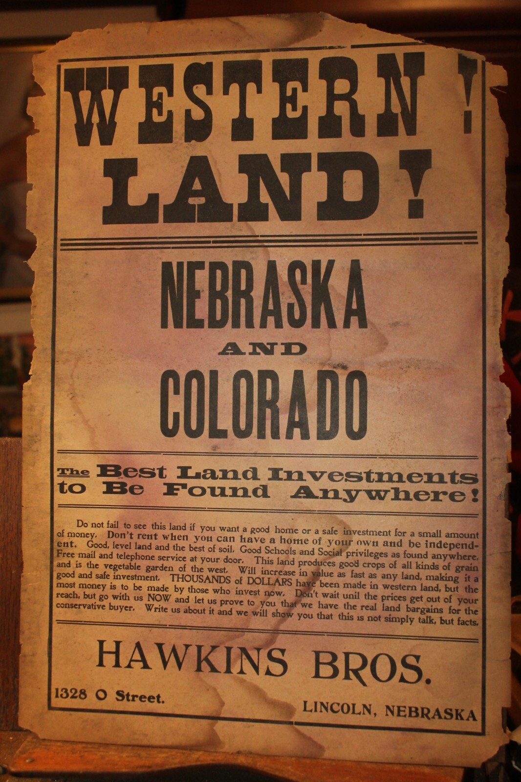 Antique Western Land Sale Handbill Poster Hawkins Bros Lincoln Nebraska Colorado