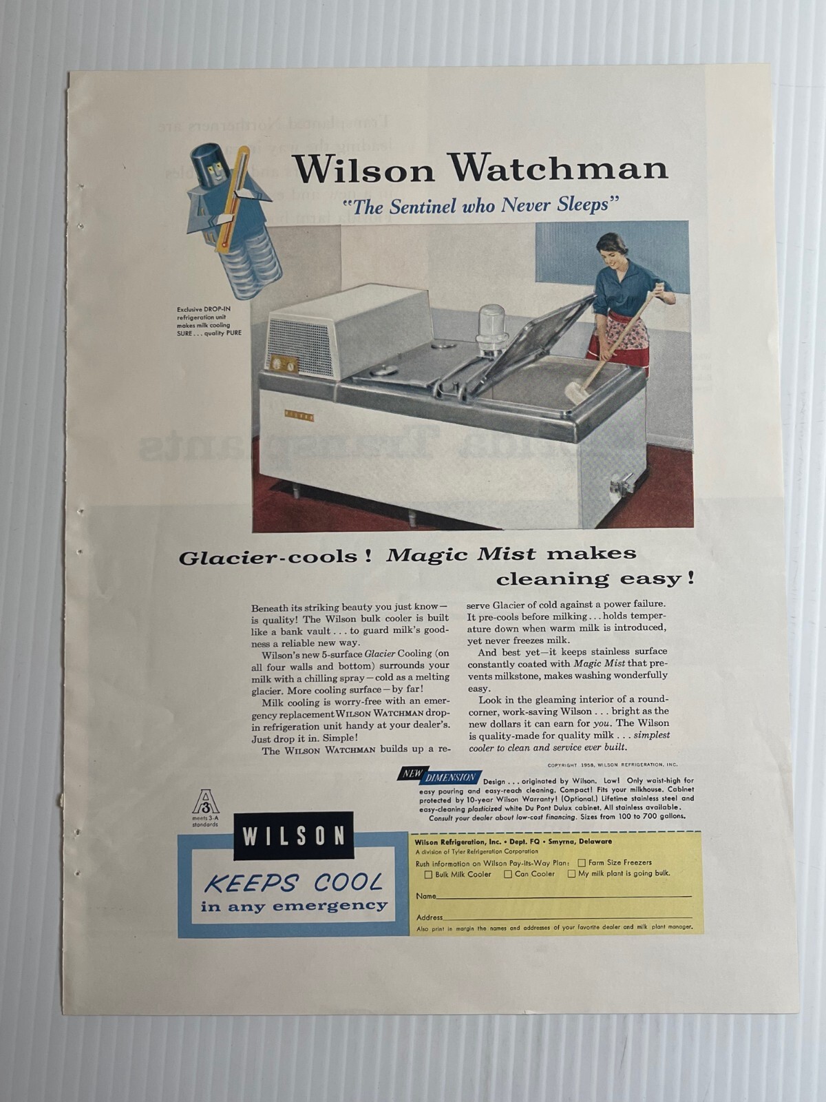 1950s Wilson Watchman Milk Cooler – Original Print Advertisement (9.5in x 13in)