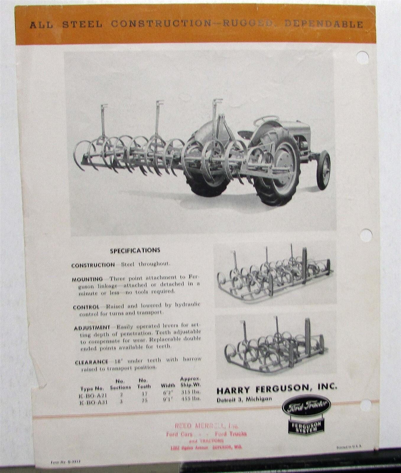 1930s Ferguson Spring Tooth Harrow Specifications Agriculture Sale Data Sheet
