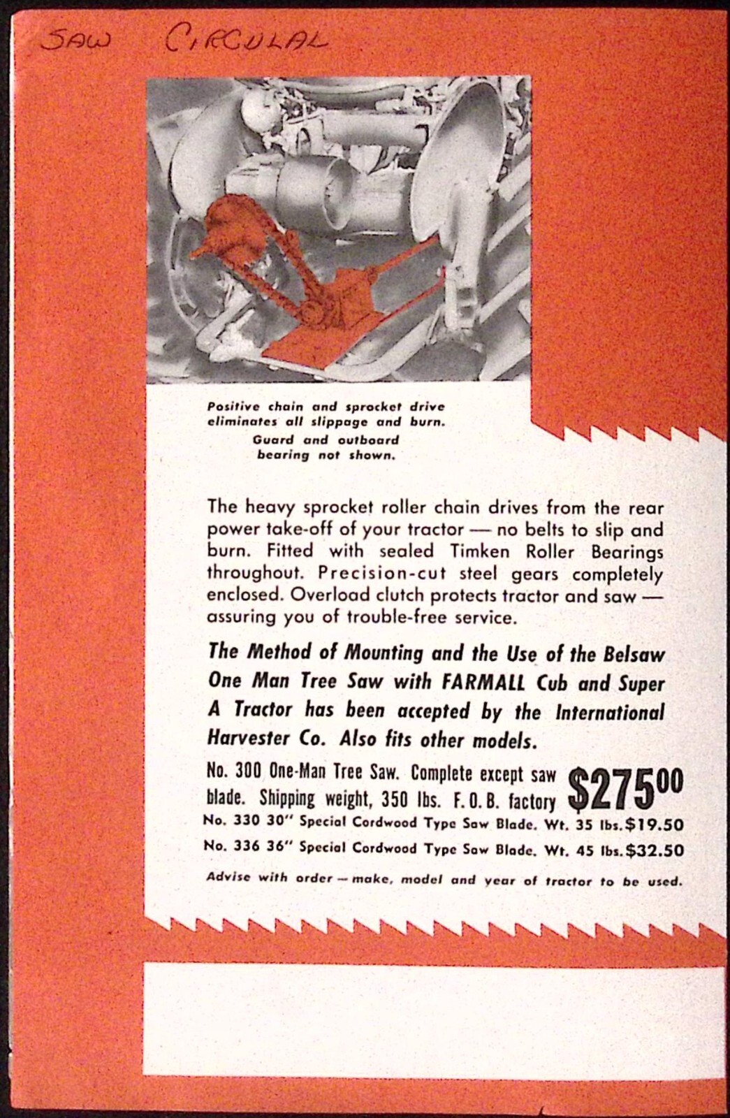 1952 Belsaw Machinery Co One Man Tree Saw Timken Bearing Equipped Brochure