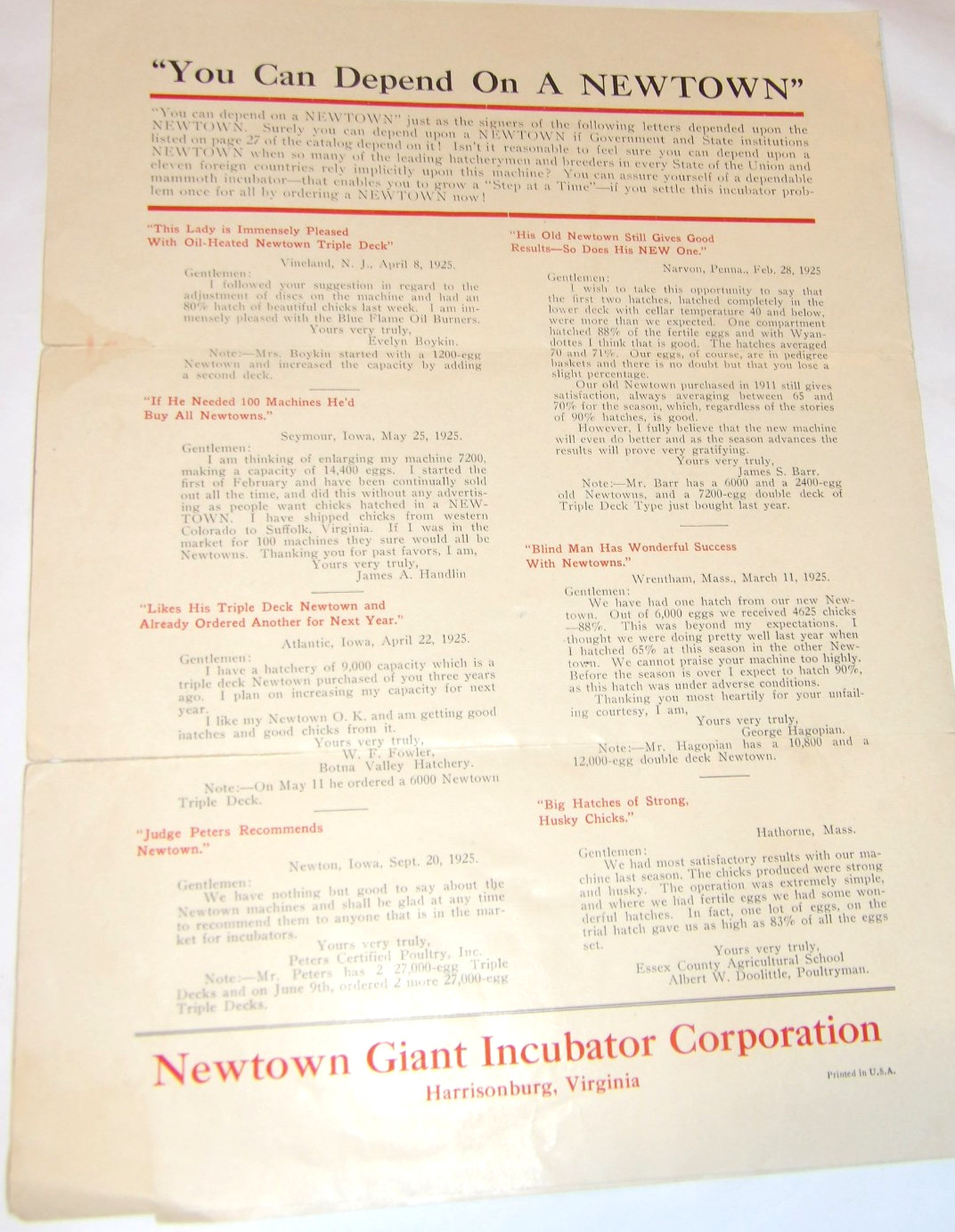 VINTAGE 1925 NEWTOWN OIL LAMP-HEATED INCUBATORS BROCHURES! 4 PCS/HARRISONBURG,VA