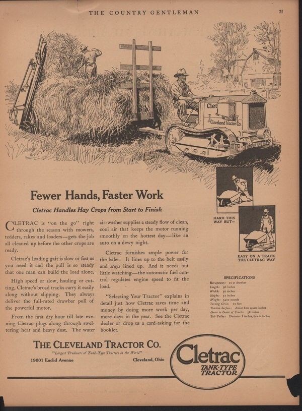 1921 CLEVELAND TRACTOR FARM AGRICULTURE CLETRAC HAY HARVEST FIELD PLOW 17232