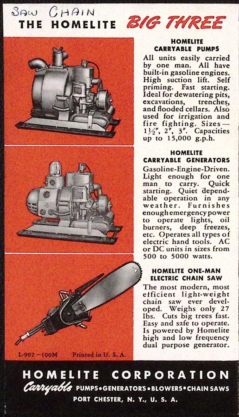 1952 Homelite One Man Chain Saw Brochure Homelite Corp Geneva NY