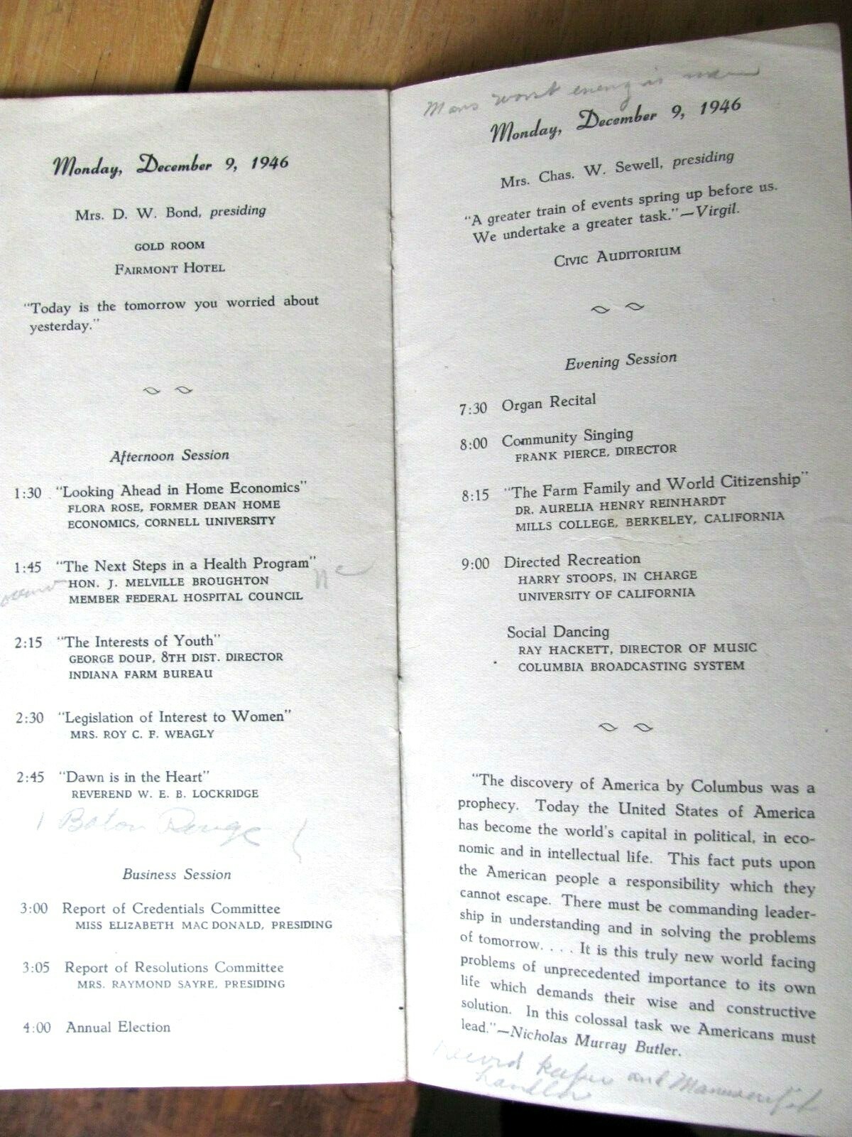 1946 WOMEN OF AMERICAN FARM BUREAU CONVENTION PROGRAM SAN FRANCISCO & REPORT