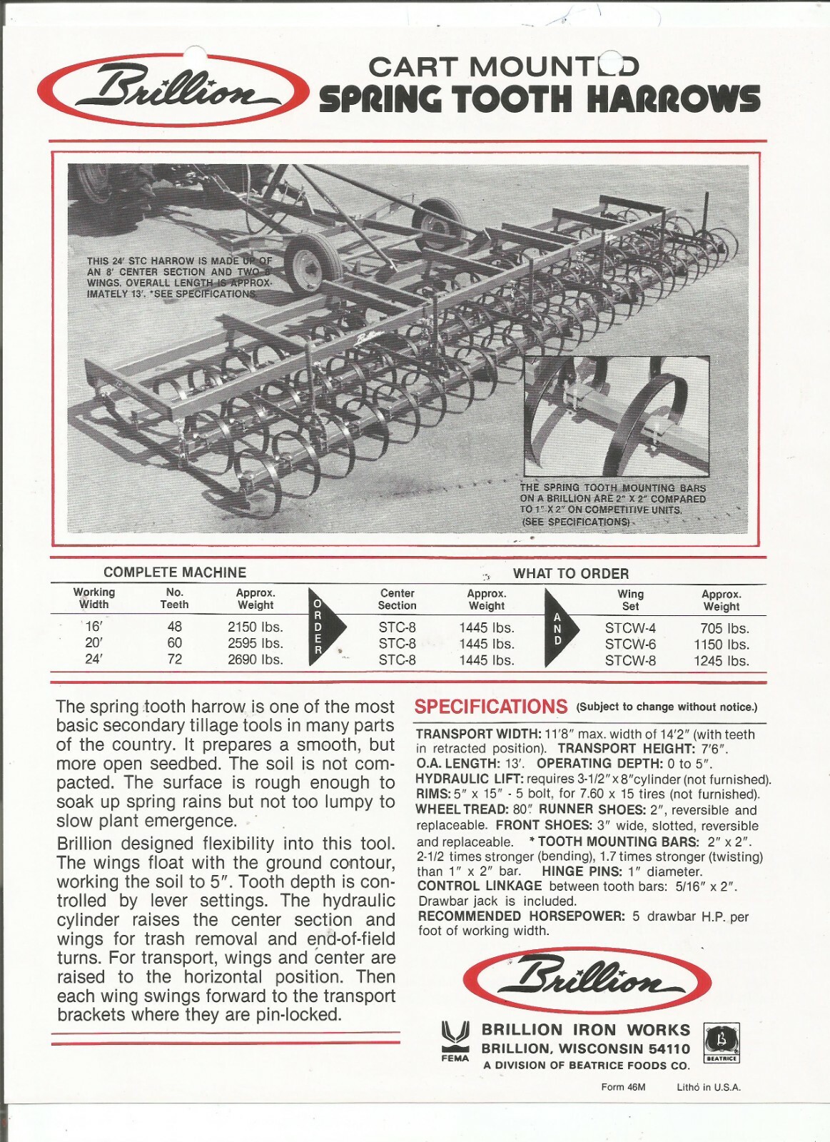 Original OEM Brillion Cart Mounted Spring Tooth Harrows Sales Brochure No. 46-M