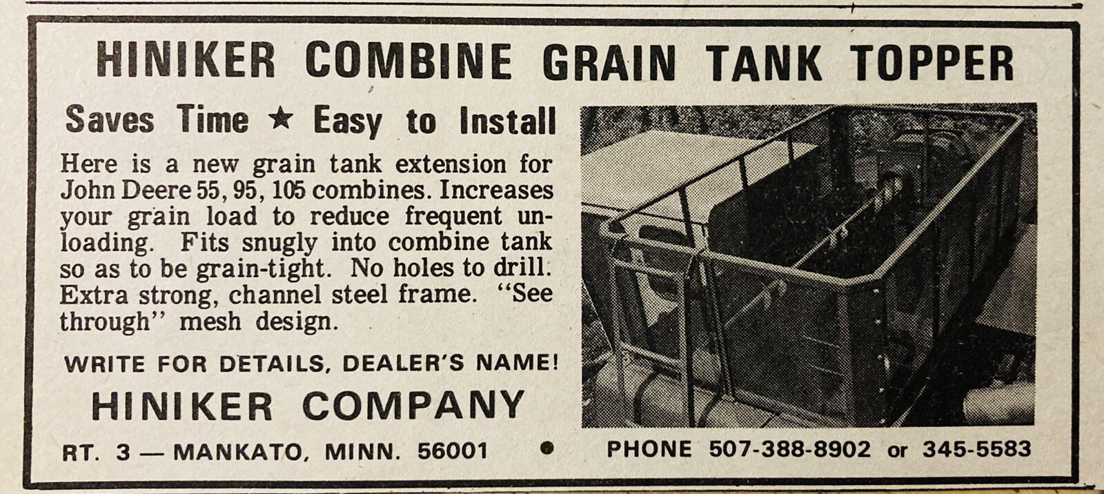 1969 AD.(XH78)~HINIKER CO. RT.3 MANKATO, MINN. COMBINE GRAIN TANK TOPPER
