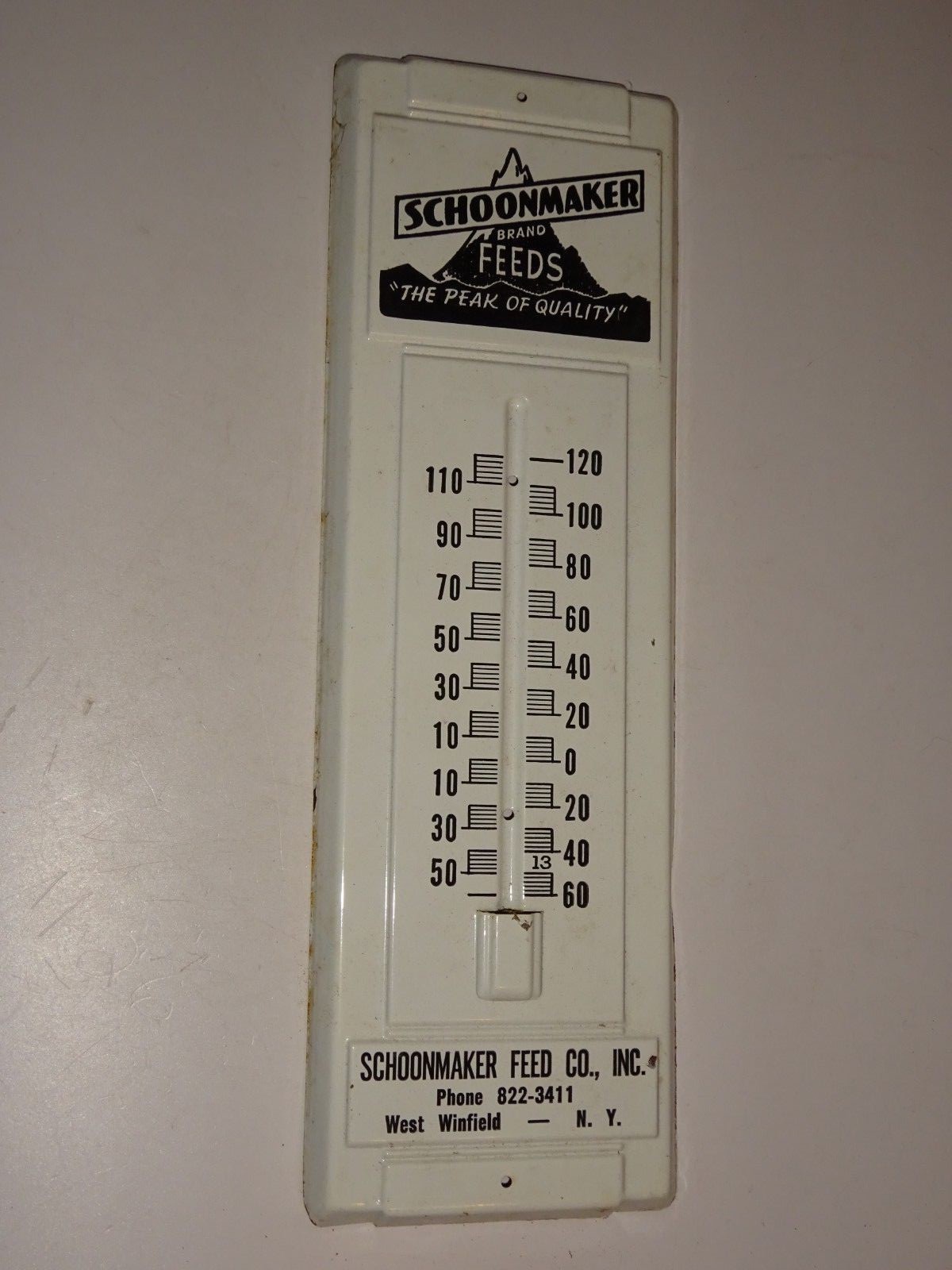 Vintage Advertising Schoonmaker Feed Company West Winfield, NY Thermometer metal