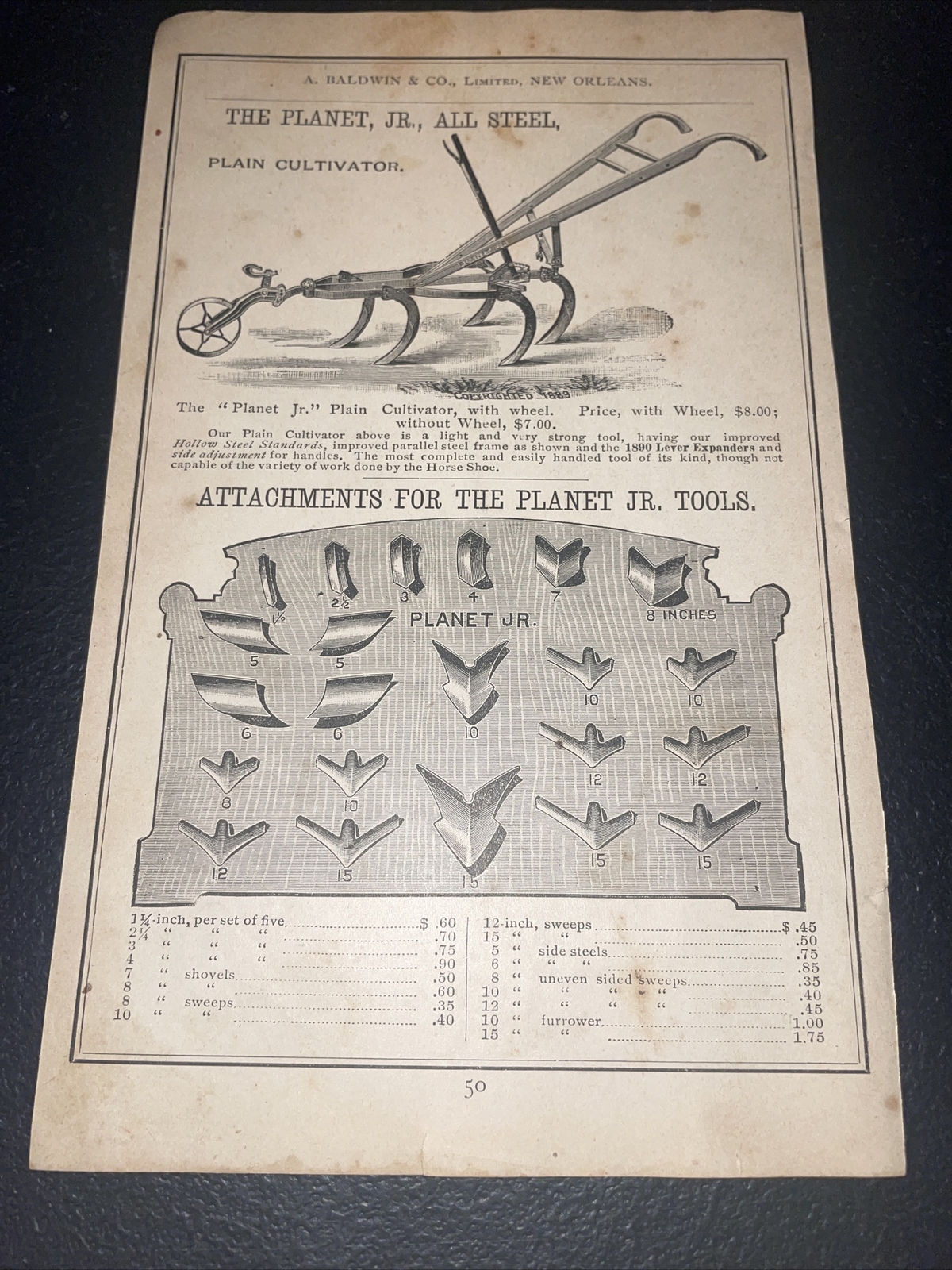 1891 Baldwin – Planet Jr. Cultivator Farm Advertising – New Orleans – LA
