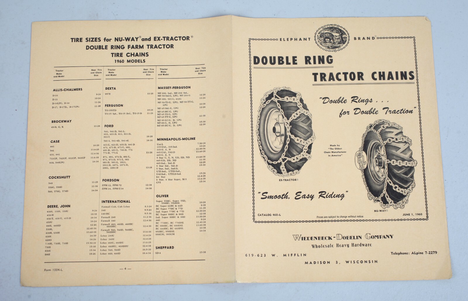 Vintage 1960 Elephant Brand Double Ring Tractor Chain Brochure Madison WI