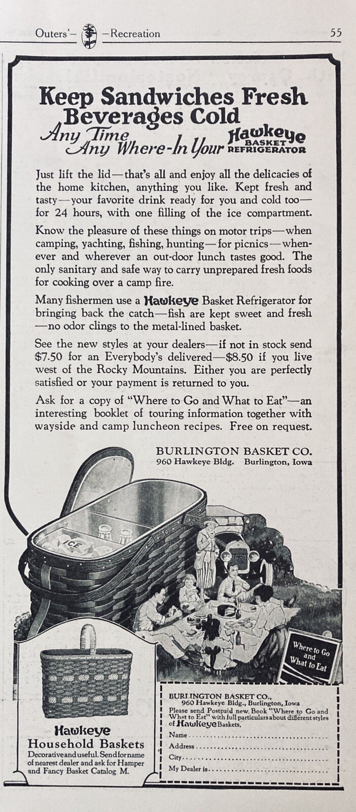 1924 AD(XF6)~BURLINGTON BASKET CO. IOWA. HAWKEYE BASKET PICNIC REFRIGERATOR