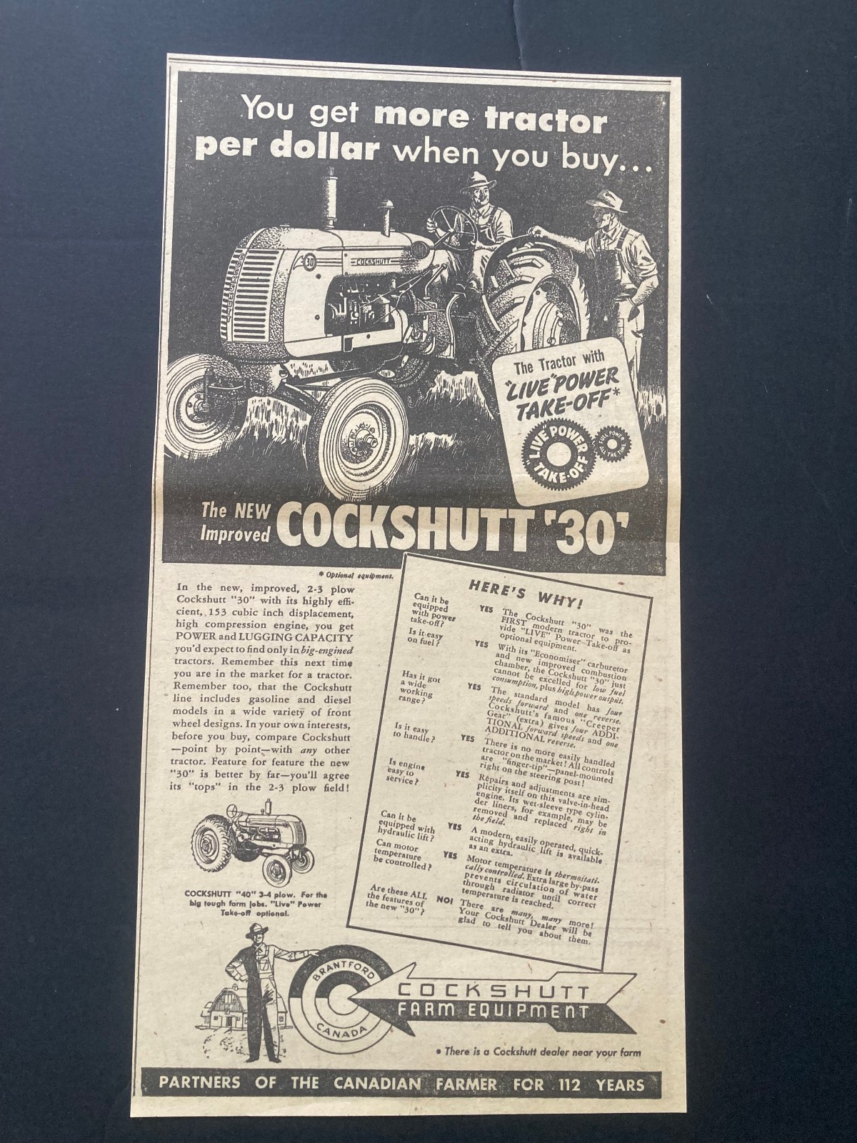 1951 CANADIAN COCKSHUTT TRACTOR AD CANADA MODEL 30 PTO