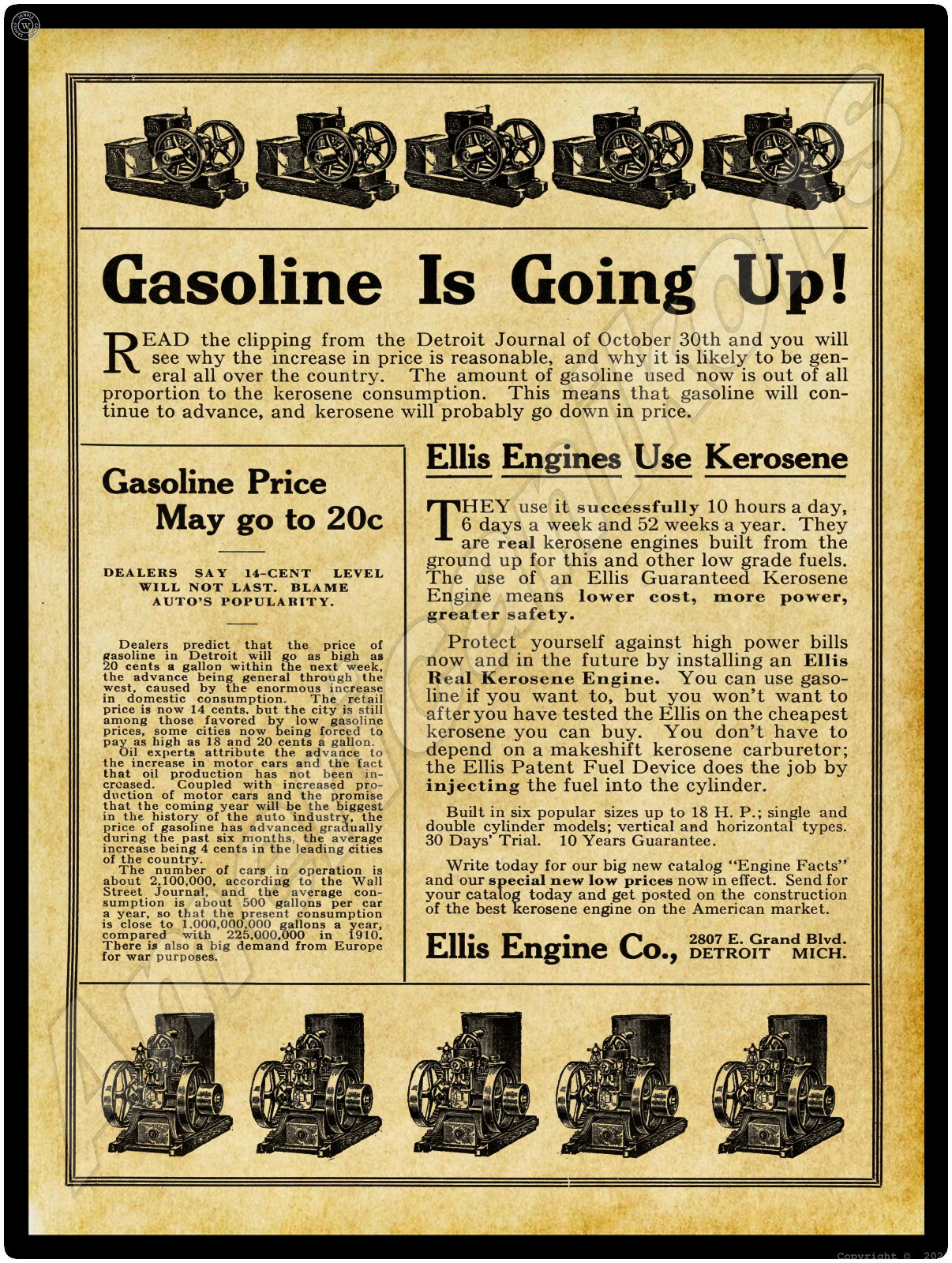 1916 Ellis Kerosene Engines New Metal Sign: Detroit, MI – LARGE SIZE 12 x 16