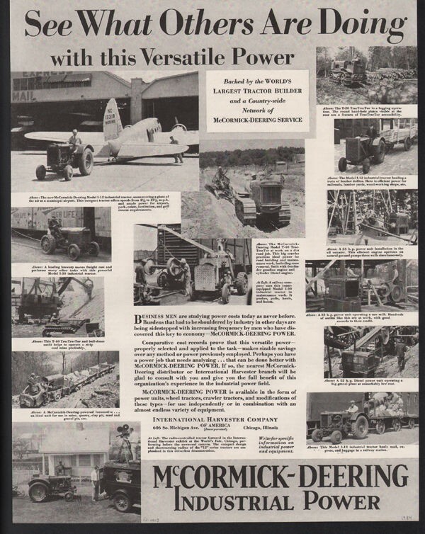 1934 MCCORMICK DEERING TRACTOR BULLDOZER AVIATION AIRPLANE LOCOMOTIVE AD FC-0013