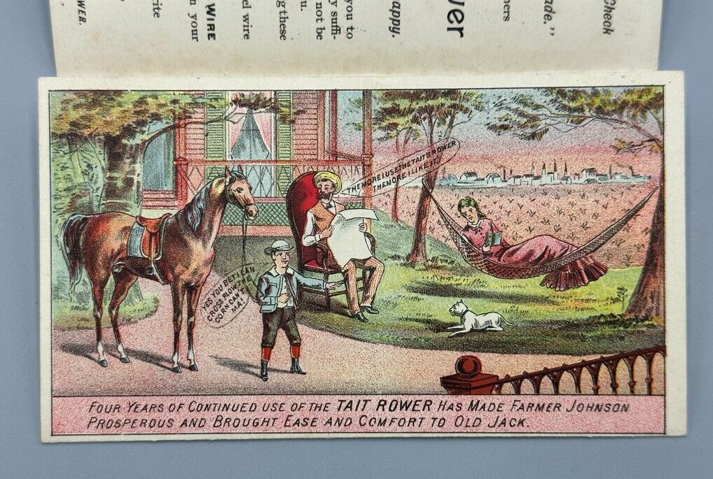 1880s TAITs WIRE Check Rower FARM Advertising Folding Trade Card DECATUR Ill