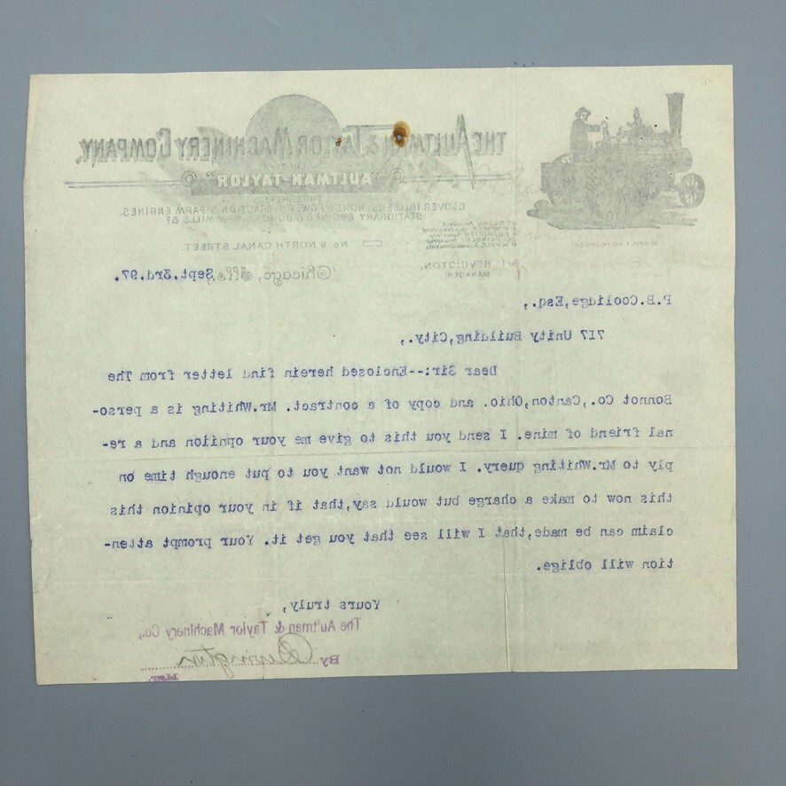 1897 AULTMAN TAYLOR Farm Tractor THRESHING Letterhead Antique Advertising