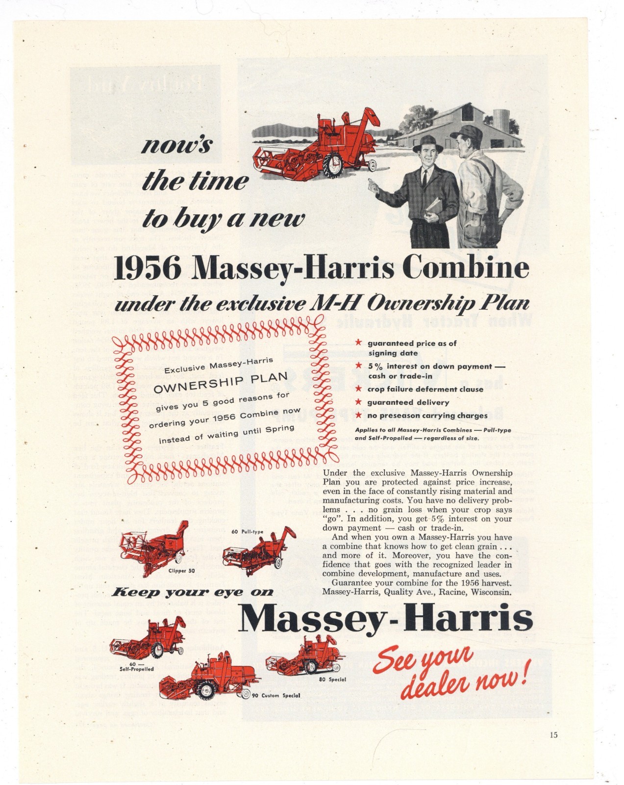 1956 Massey Harris Tractor Ad: Five Models of Combine Pictured – Custom Special