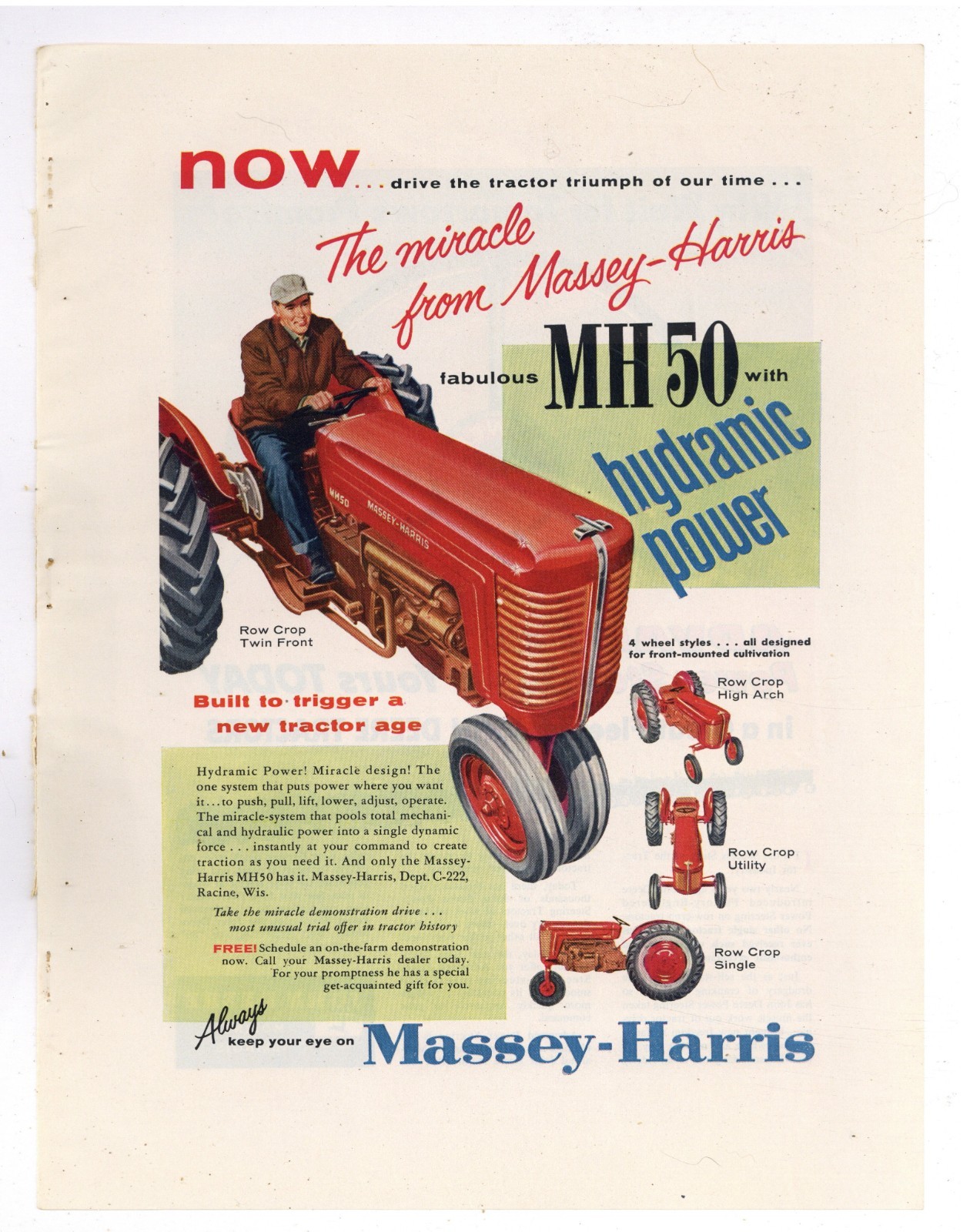 1956 Massey Harris Tractor Ad: MH 50 Row Crop Twin Front w. Hydramic Power