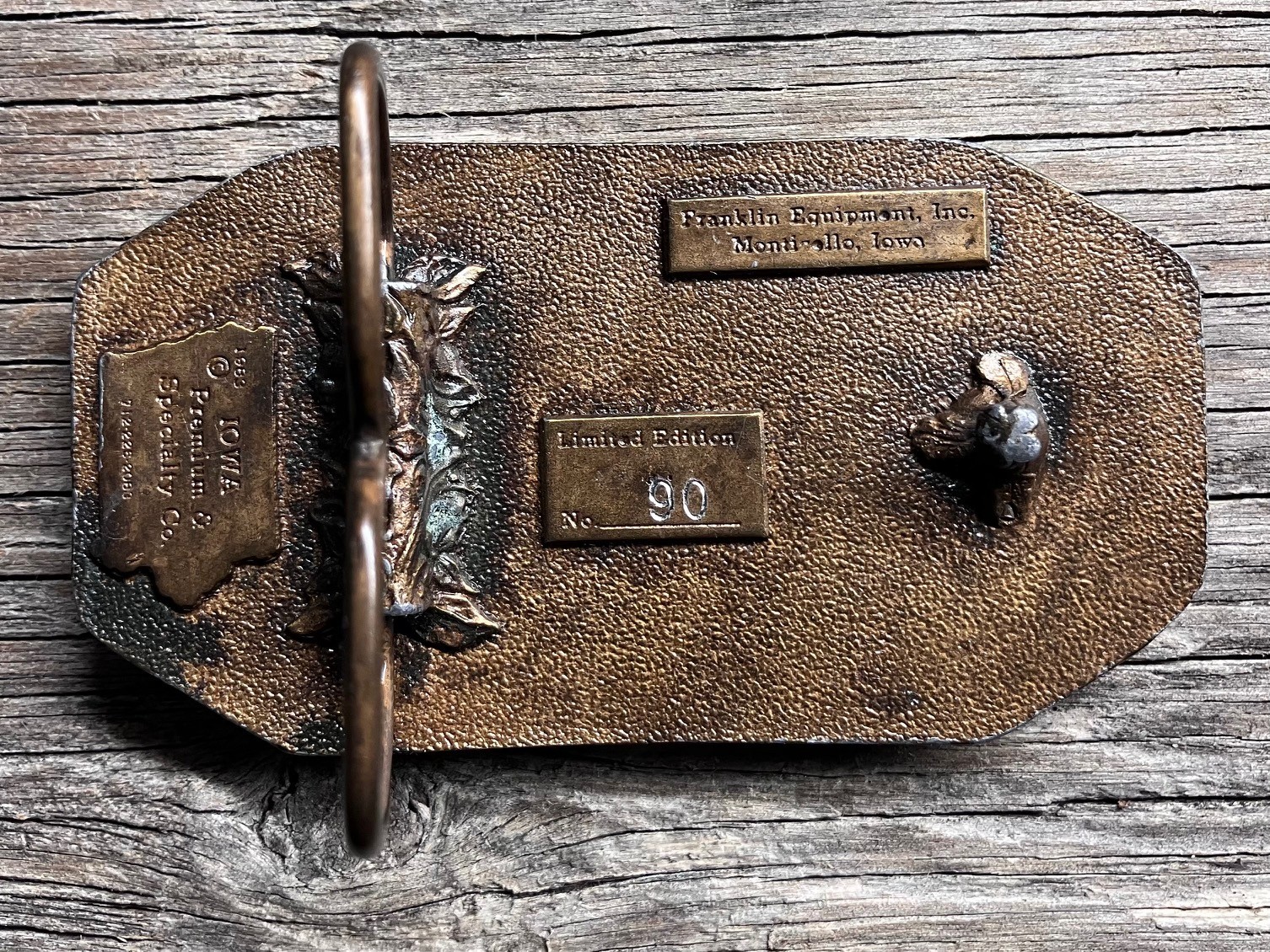 FRANKLIN EQUIPMENT Brass BELT BUCKLE 1983 Limited Edition Monticello, Iowa FARM