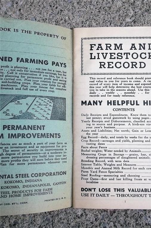 1938 FARM & LIVESTOCK RECORD BOOK FARMERS HANDBOOK CONTINENTAL STEEL ADVERTISING