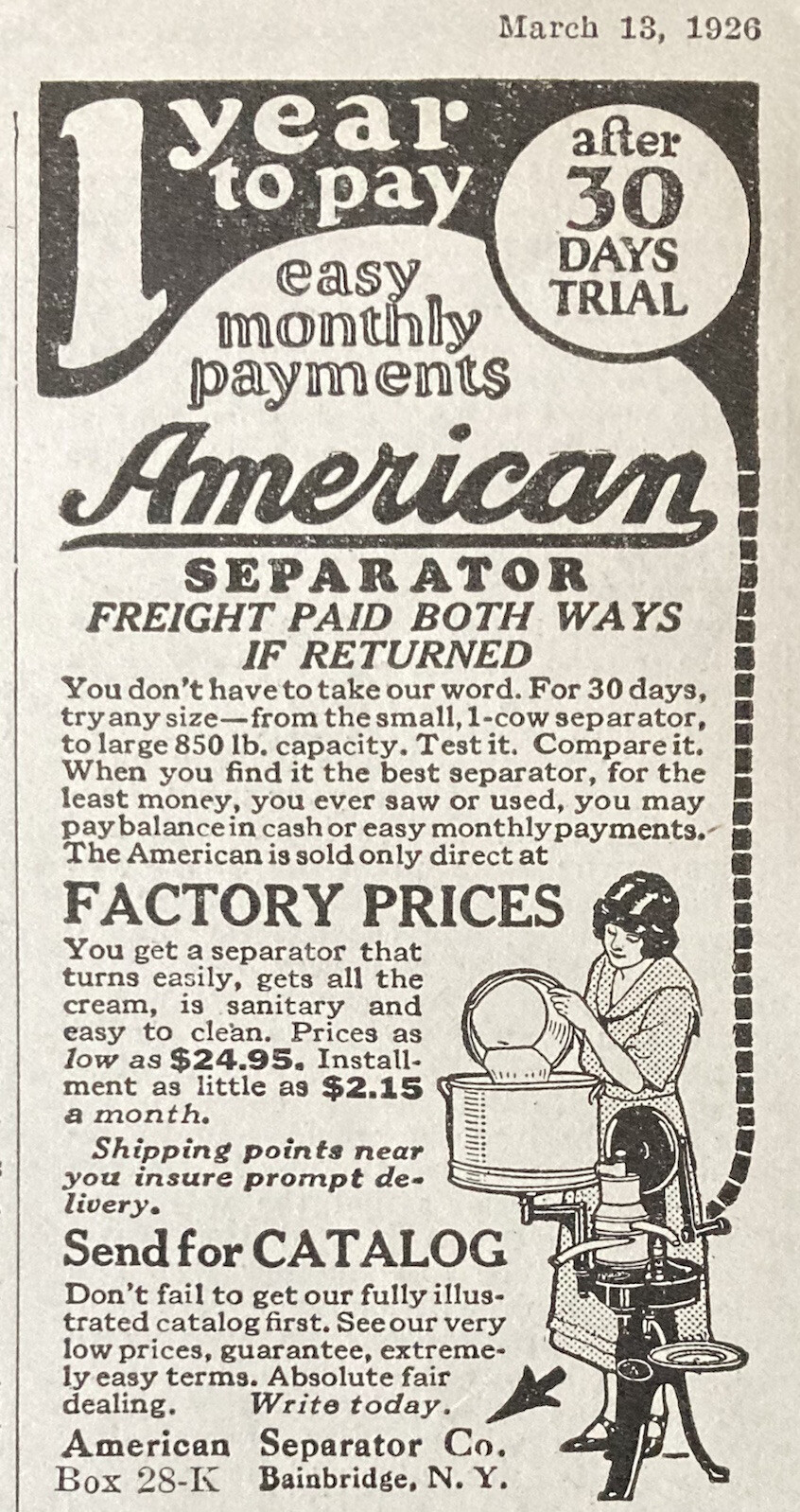 1926 AD(XG23)~AMERICAN SEPARATOR CO. BAINBRIDGE, NY. CREAM SEPARATOR