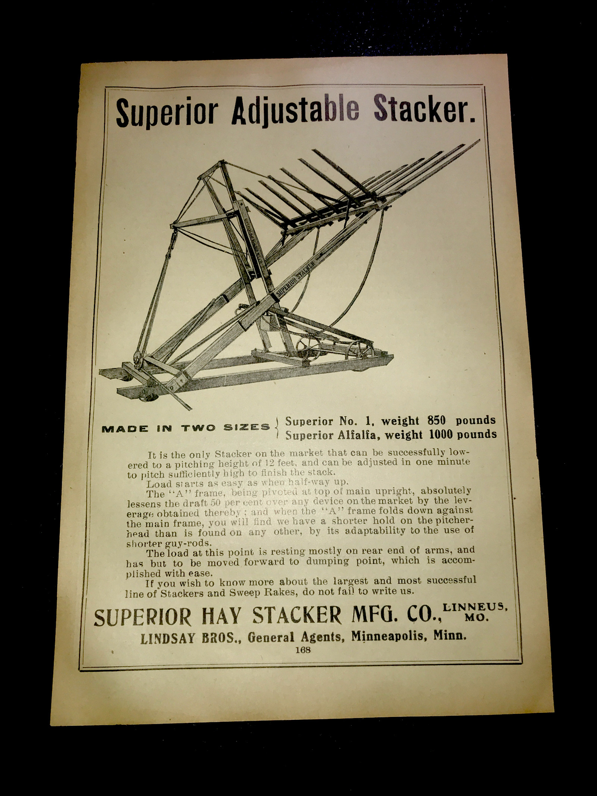 1908 Superior Hay Stacker Farm Advertising – Linneus – Missouri & Minneapolis