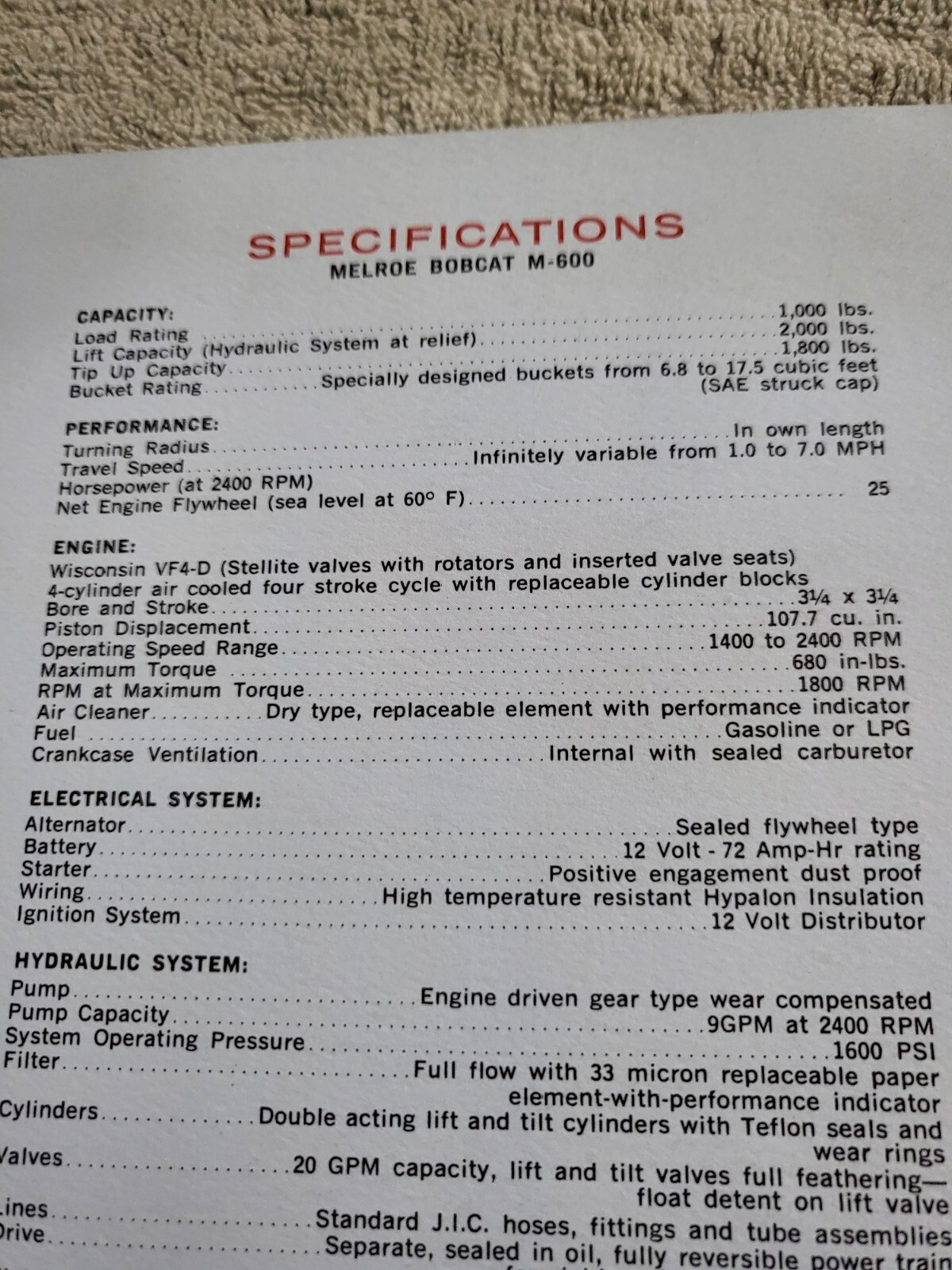 Vintage 1967 BROCHURE Melroe Bobcat Skid Steer Loader M600 25hp Wisconsin engine