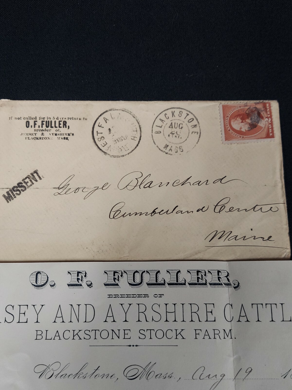 1885 O.F. FULLER Letter Blackstone Mass. missent hand stamp rare
