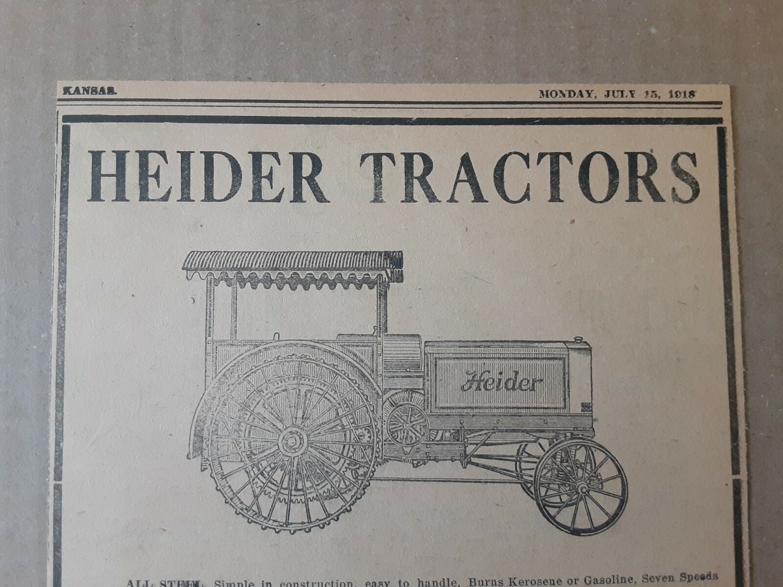 1918 Heider Tractor Newspaper Ad