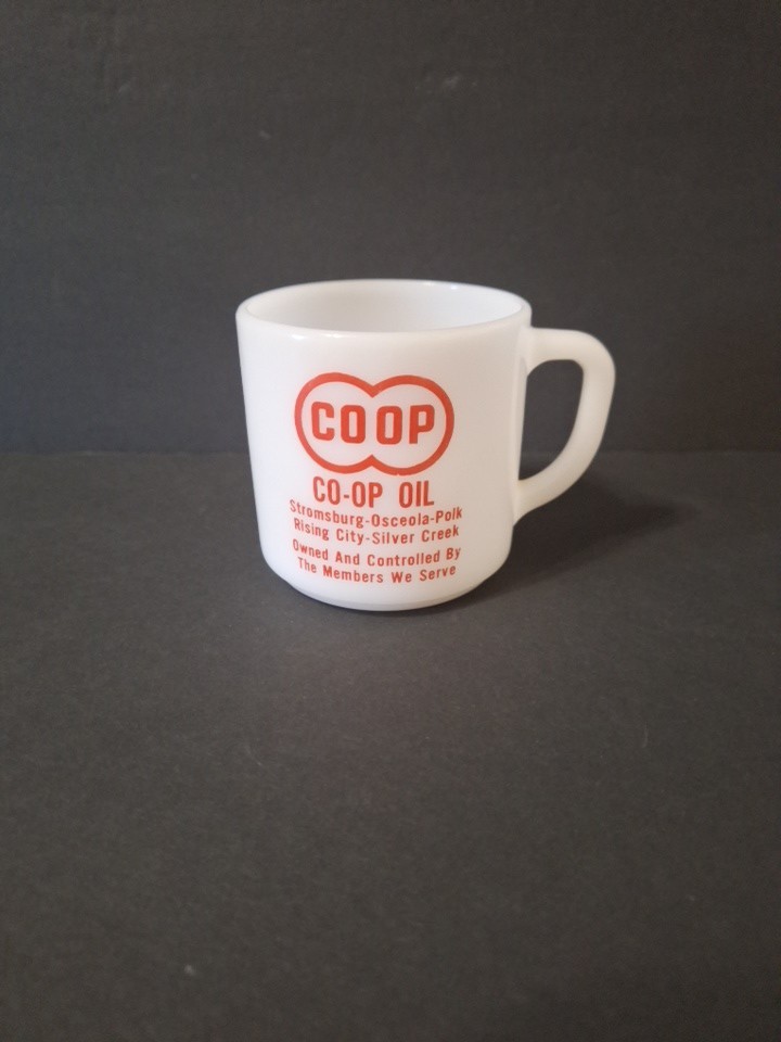 Vtg CO-OP OIL Milk Glass Mug Stromberg Osceola Polk Rising Silver Creek NEBRASKA