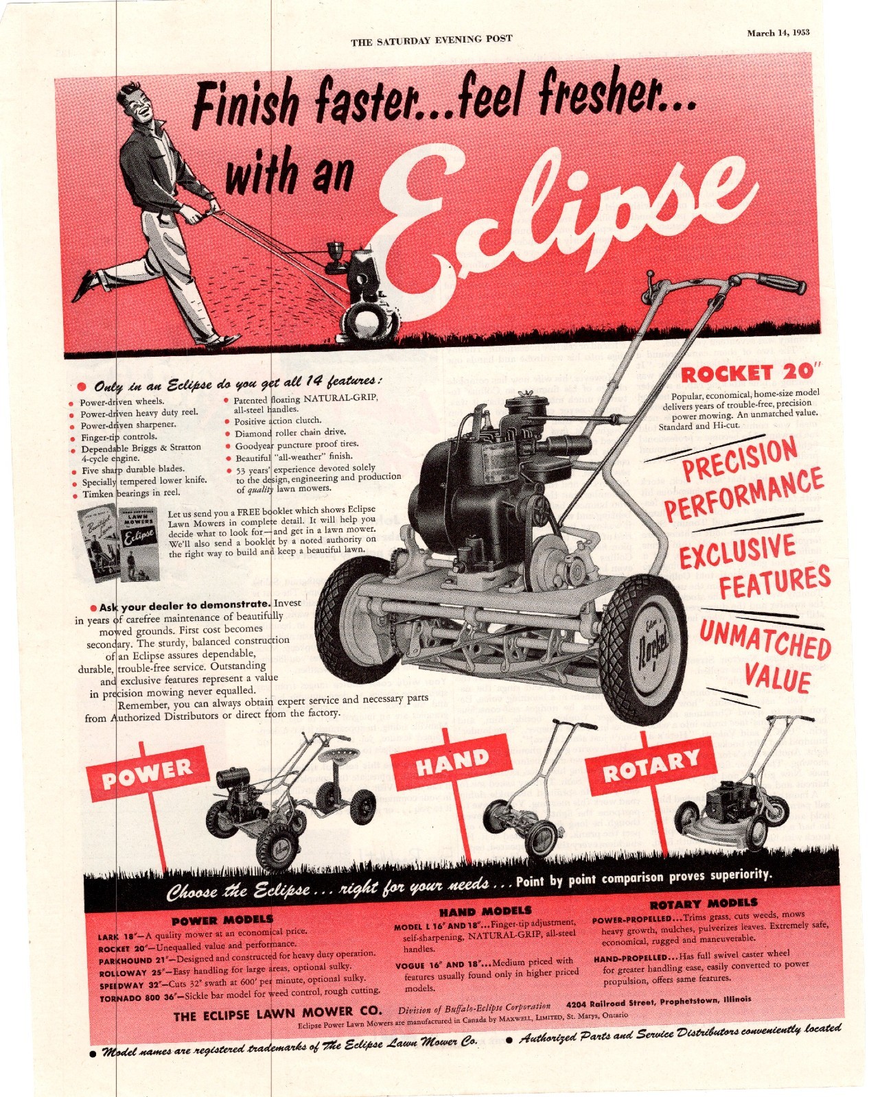 1953 Eclipse Lawn Mower Rocket 20 Precision Performance Single Print Ad