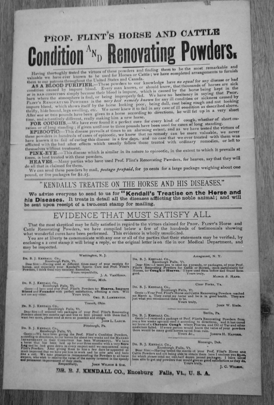 1893 Prof. Flint&rsquo;s Horse and Cattle Powders 2 Sided Ad Enosburg Falls, VT