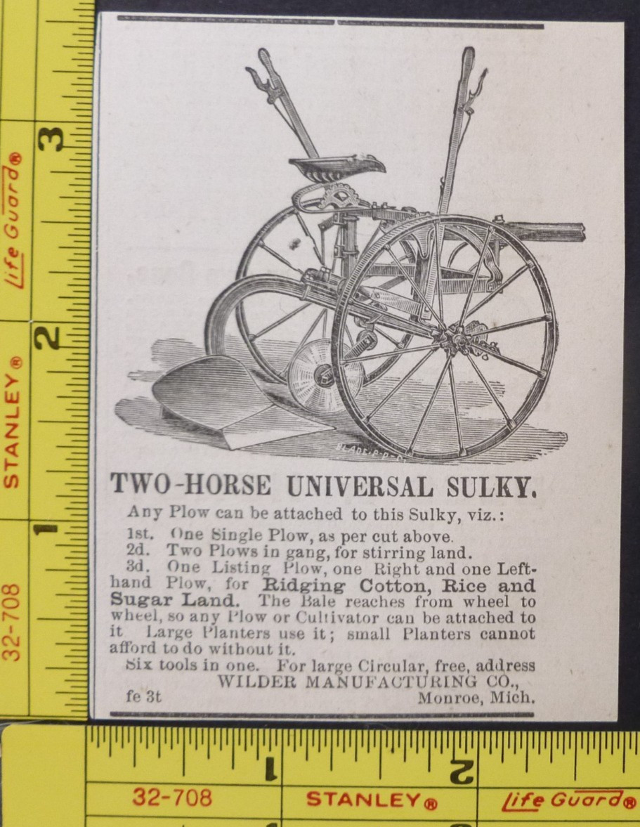 RARE Vtg 1886 Ad – Wilder Mfg Two-Horse Universal Sulky Plow Monroe MI Farm