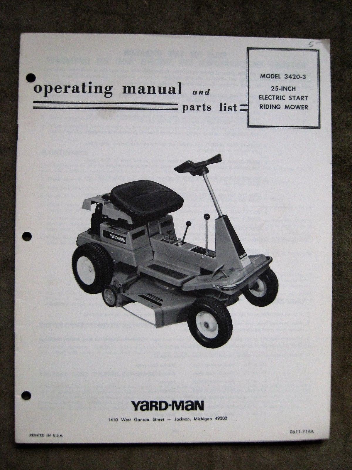 Simplicity YardMan 25 In. Riding Tractor Instruction Manual Parts List Operators