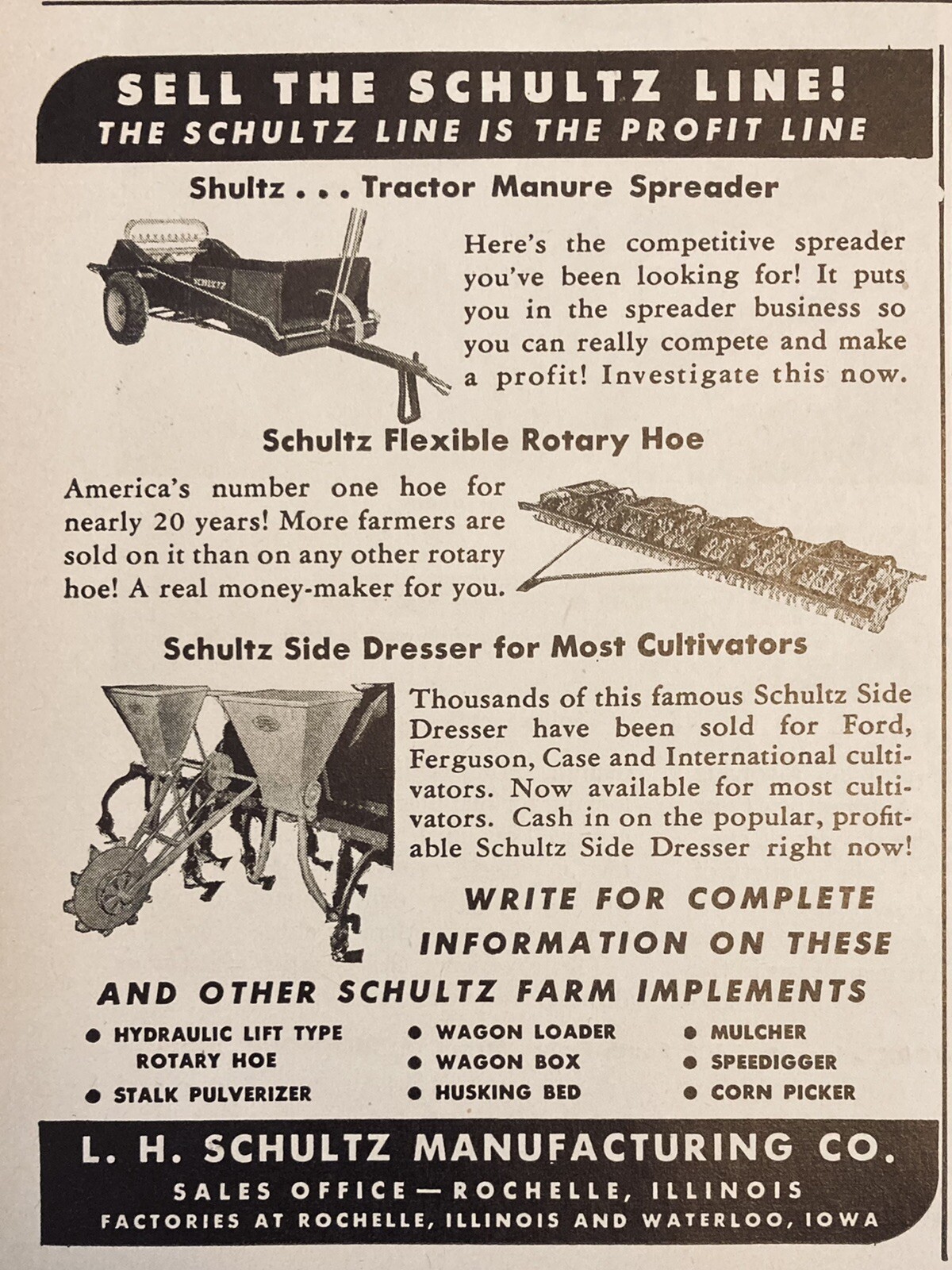 1953 AD.(XH21)~L.H. SCHULTZ MFG. CO. ROCHELLE, ILL. CULTIVATORS, ROTARY HOE