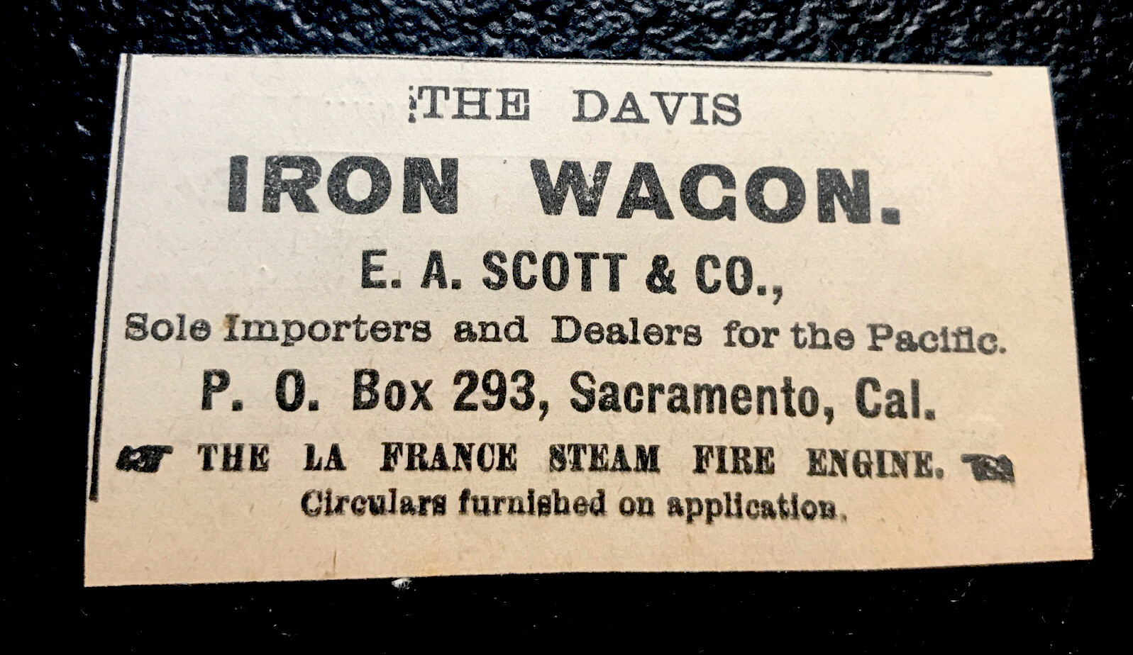 1882 Davis Iron Wagon Farm & Fire Advertising – Sacramento – California