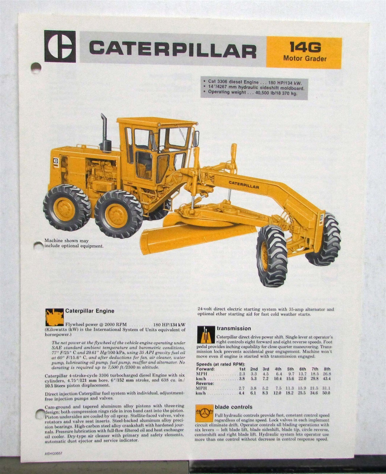 1984 CAT No 14G Road Motor Grader Construction Specifications Sales Tri-Folder