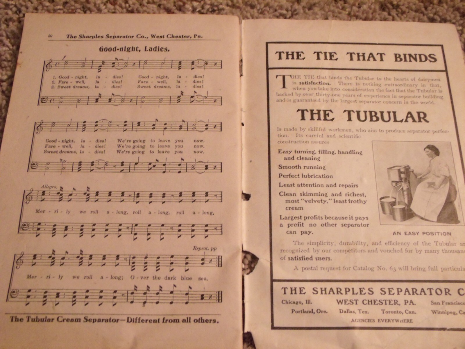 SHARPLES SEPARATOR CO. PENNSYLVANIA OLD TIME SONG BOOK ADVERTISEMENT ADS MUSIC