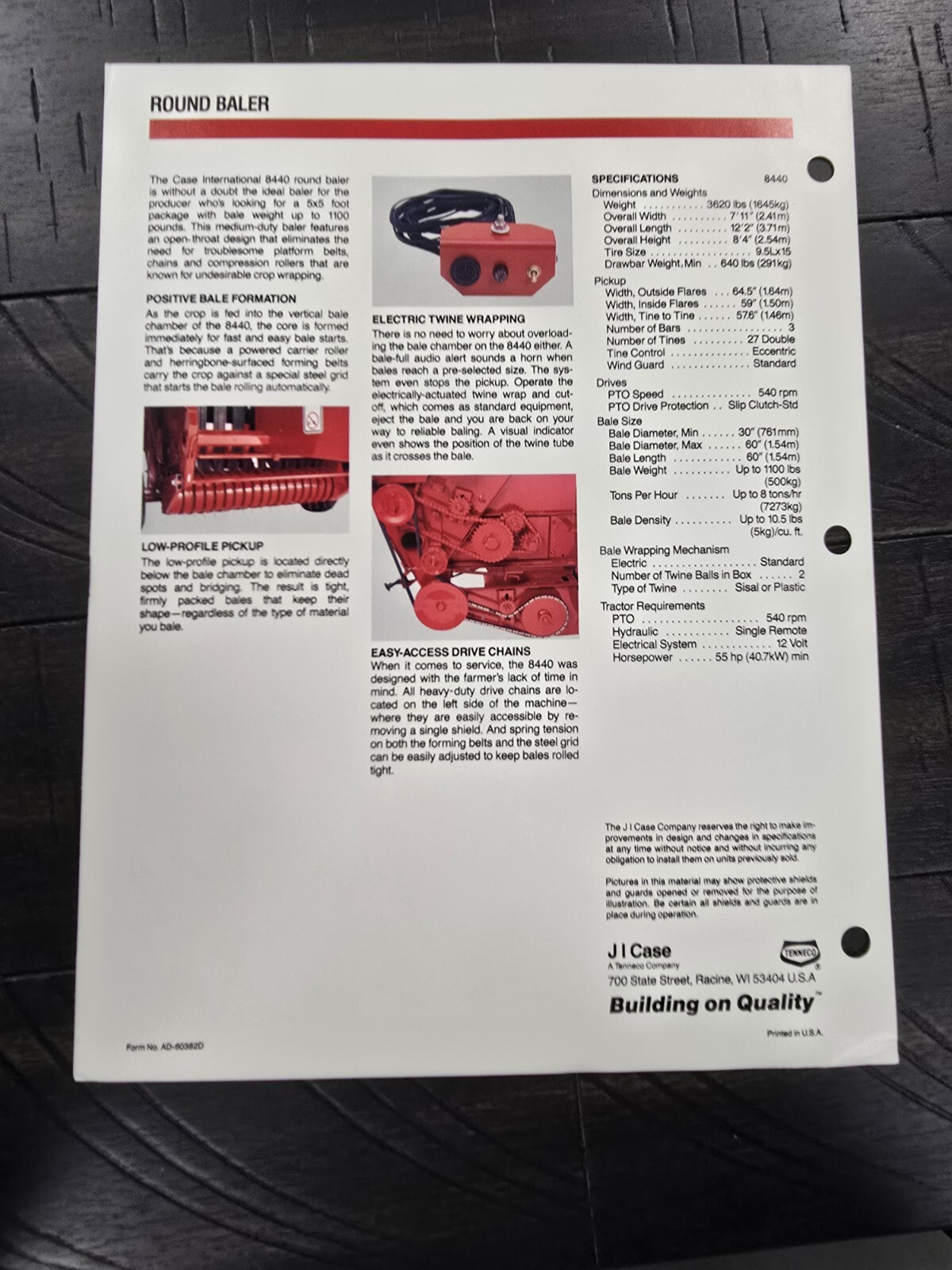 1990s 8440 Round Baler Dealer Spec Sheet Case IH International Harvester