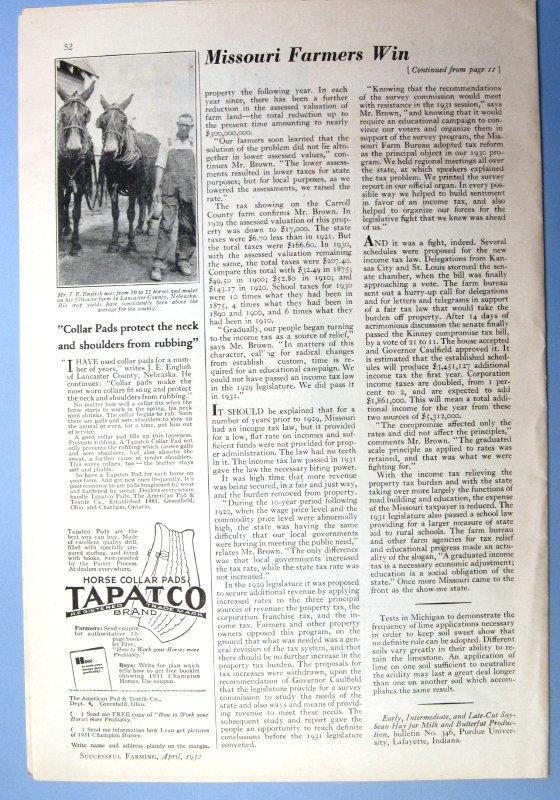 Original 1932 Horse Pads Ad Photo Endorsed J E English, Lancsaster County NE